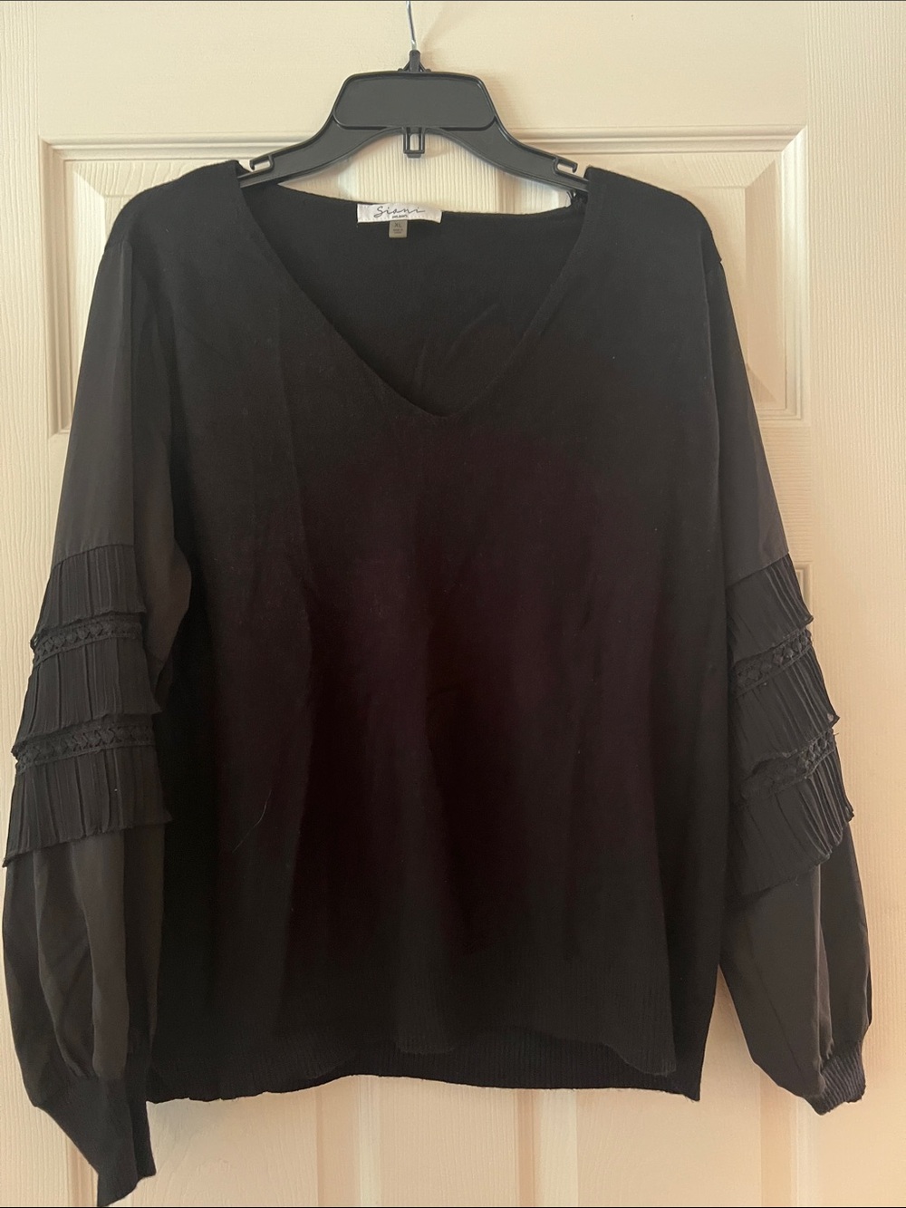 Black V-Neck Long Sleeve Top with Pleated Sleeve Detail